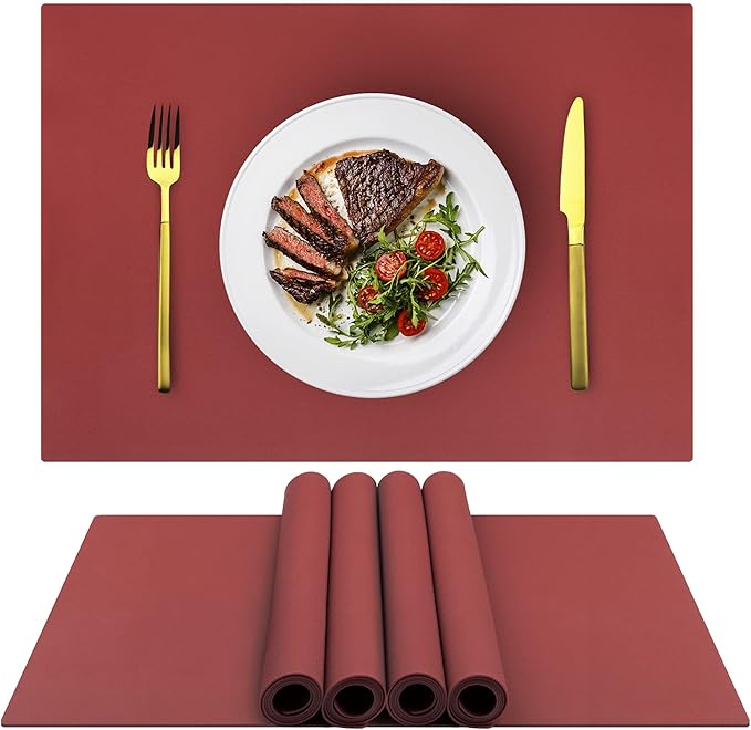Silicone Placemats, Placemats for Dining Table, Kids Placemats Set of 4, Non-Slip,Waterproof, Heat Resistant Table Protector, Outdoor Placemat for Patio Table (Wine Red)