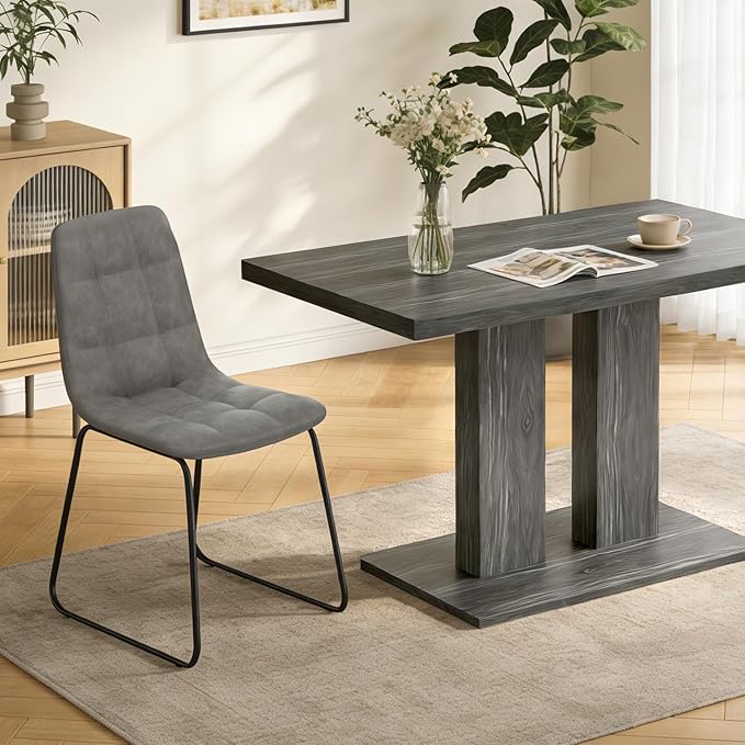Modern 5-Piece Dining Table Set for 4, 46" Pedestal Dining Table with 4 Leather Chairs, Small Space Saving Kitchen Table Set, Grey Wood Finish Rectangular Table for Dining Room & Apartment