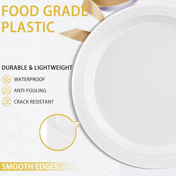 WELLIFE White Plastic Plates 9 Inch -150 Count for Party, Disposable Plastic Party Plates for Wedding Dinner Birthday Engagement