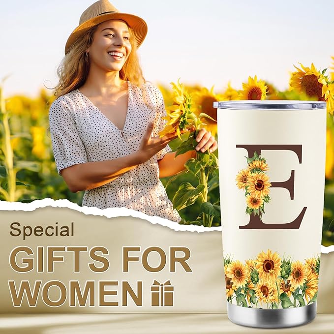 Sunflower Gifts for Women - Personalized Christmas Gifts for Women - Birthday Gift for Woman - Mothers Day Gift for Mom - Monogrammed, Initial 20oz Travel Cup Insulated Tumbler with Lid, E