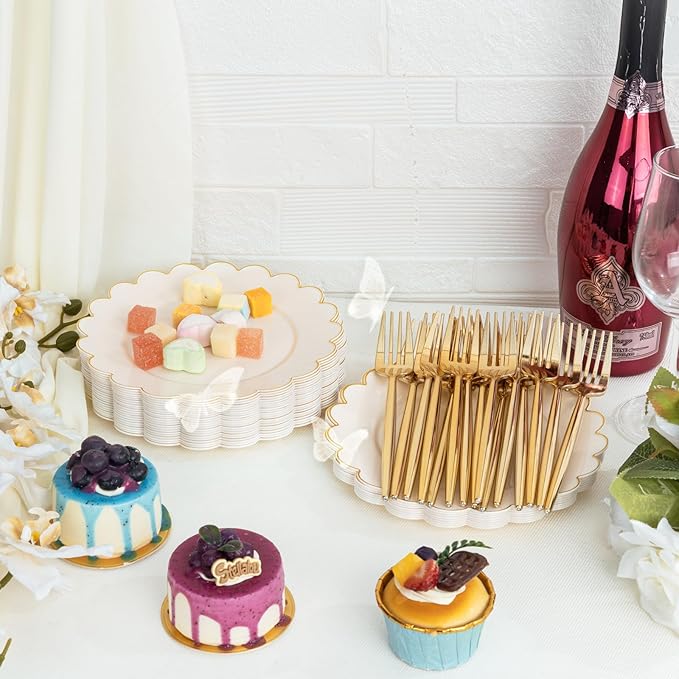 LIYH 100 Pcs Ivory Dessert Plates with Gold Rim- Ivory Plastic Plates 7.5" Disposable Scalloped Fancy Gold Plastic Plate,Baby Shower Cake Plate Party Suitable for Valentine's Day or Mother's Day