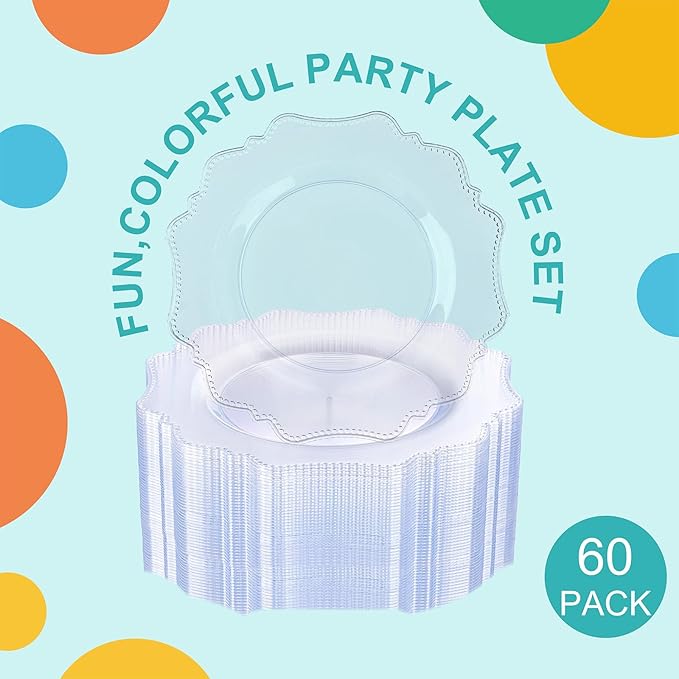 COLOSUS 60pcs Clear Plastic Party Dinner Plates - 9.5 Inch- Heavy Duty Disposable Plastic Dinner Plates for Party Thanksgiving and Everyday Use