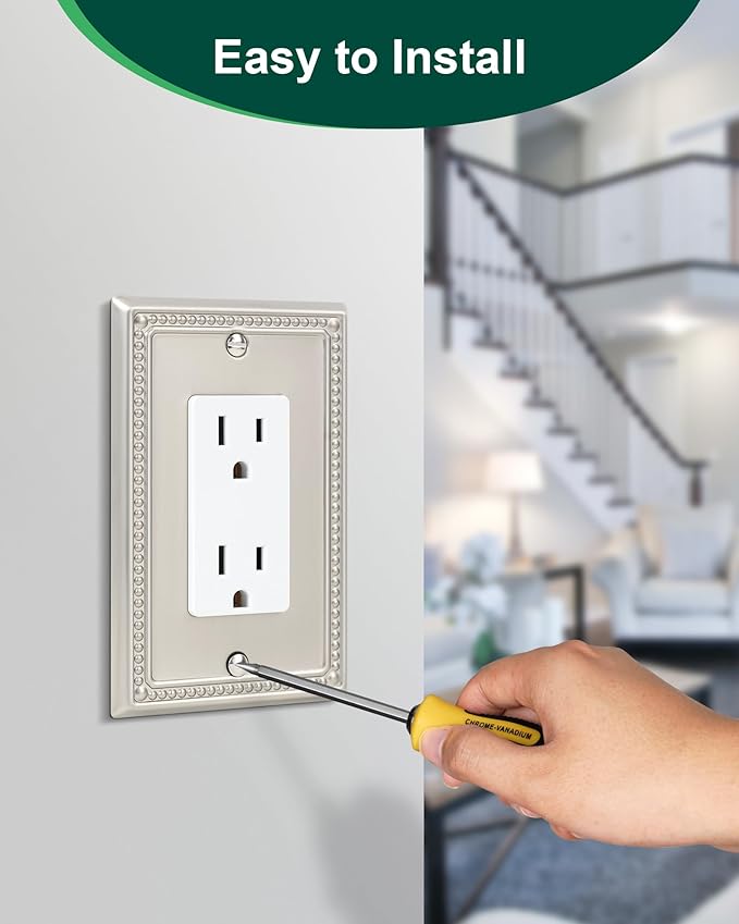 4-Pack Decorator Outlet Cover Plate, Decorative Switch Plates and Outlet Covers, Brushed Nickel Metal Wall Plates for Electrical Outlets, Receptacle, GFCI Outlet, Dimmer Switch