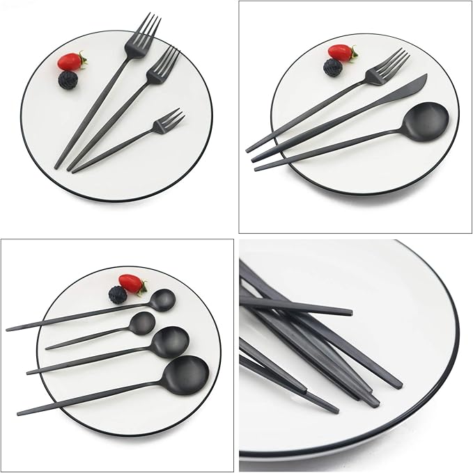JASHII 32-Piece Tableware Set Stainless Steel Flatware Set with Coffee Spoon Long Handle Spoon Premium Cutlery Service for 4 Satin Finish Utensils for Home (Black)