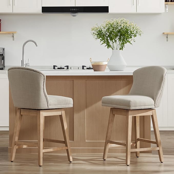 CHITA Counter Height Swivel Barstools, FSC Certified Upholstered Performance Fabric Bar Stools Set of 2, 26" Seat Height, Tan