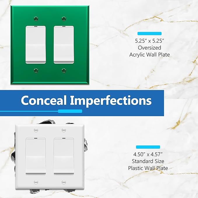 LIDER Double Decorator Wall Plate, Impact Resistant, Mirrored, Plexiglass Dual Outlet Cover or Light Switch Cover, Acrylic, Reflective Finish, Modern, Oversized 2-Gang 5.25" x 5.25", Green