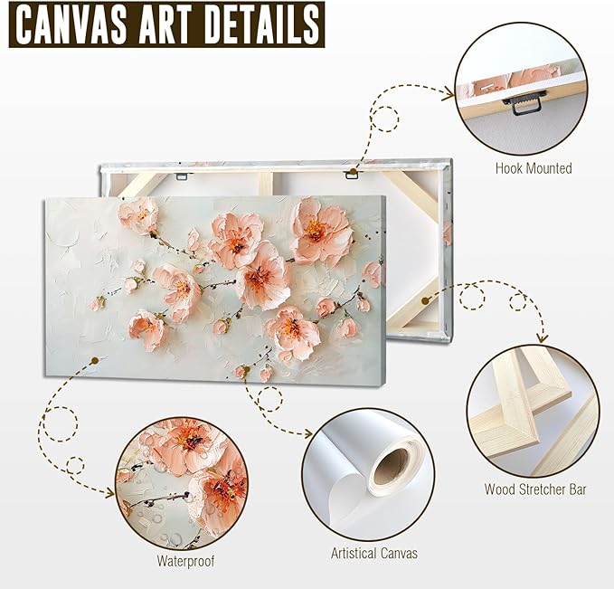 ADJUVANT Wall Art Impressionist Pink Floral 40"L x 20"W, Cherry Blossoms Canvas Painting Soft Petals Artwork Pastel Tones Prints Spring Flowers Wall Decor for Living Room Bedroom Bathroom Home Office