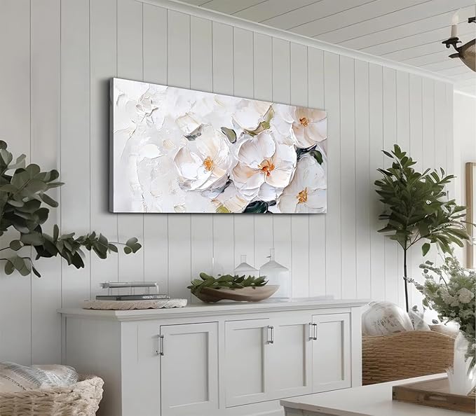 ADJUVANT Wall Art Impressionist Minimalist White Floral 40"L x 20"W, White Flowers With Subtle Tones Canvas Painting Delicate Petals Artwork Floral Wall Decor for Living Room Bedroom Bathroom Home Office