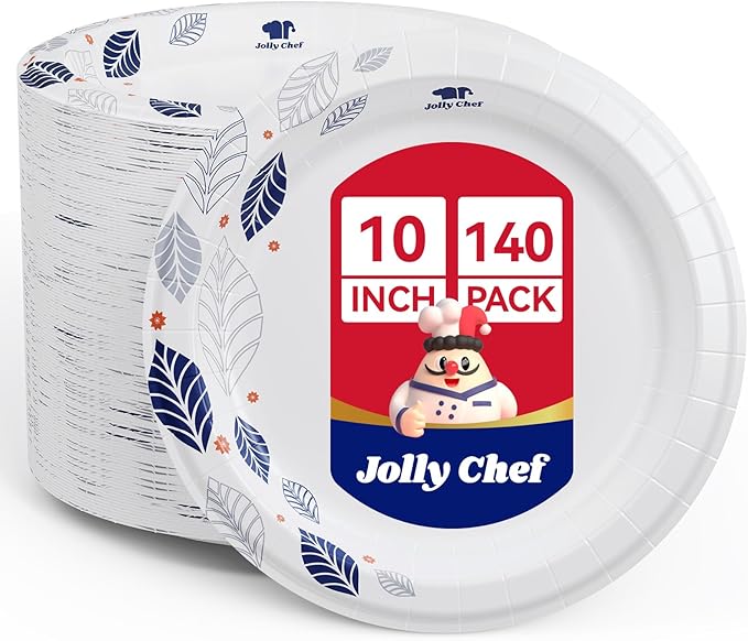 JOLLY CHEF 140 Count Paper Plates 10 inch Soak Proof, Cut Proof, Heavy Duty Leaf Printed Disposable Paper Plates for Everyday Use