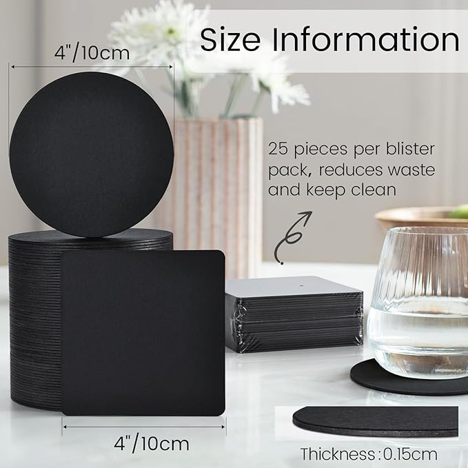400 Pieces Disposable Paper Coasters, GOH DODD Thickened (1.5MM) 4 Inch Bar Coasters Bulk Absorbent Cardboard Blanks for Drinks DIY Arts Crafts Wedding Party Gifts Education, Black, Square Round
