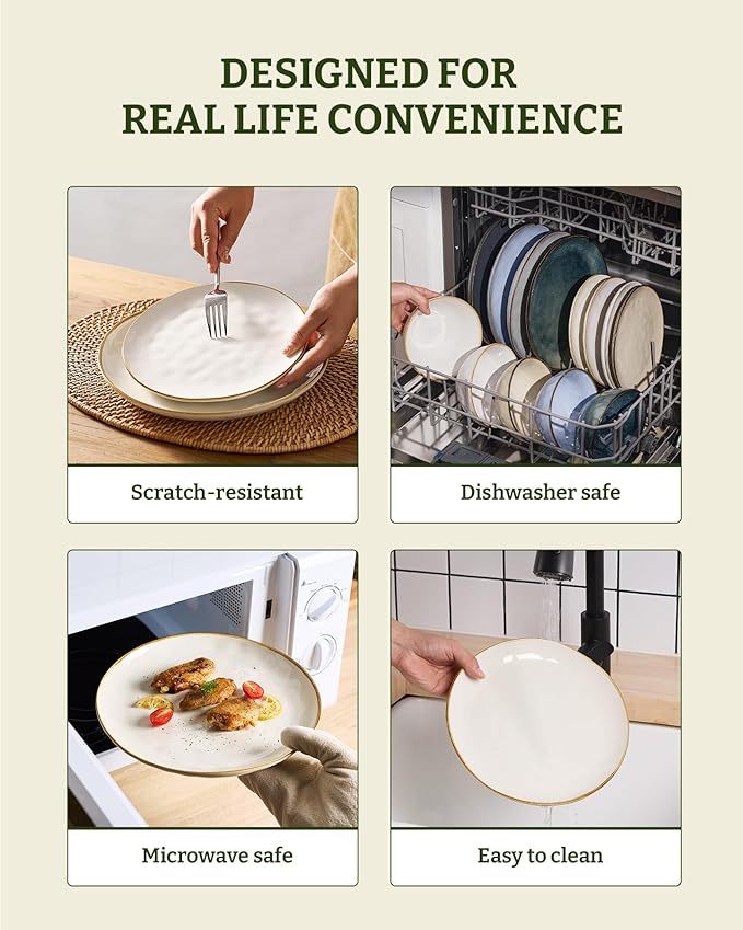 Famiware Dinnerware Sets for 4, Ocean Round 12-Piece Kitchen Plates and Bowls Sets, Microwave and Dishwasher Safe, Scratch Resistant, Vanilla White