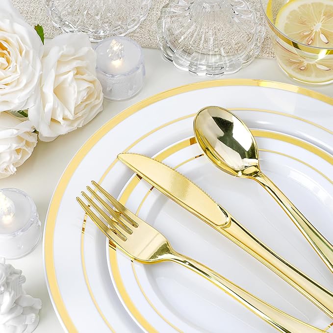 350 PCS White and Gold Plastic Dinnerware Set for 50 Guests, 100 Disposable Plates for Party, 50 Pre Rolled Napkins with Gold Silverware, 50 Cups