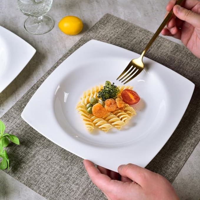 JWANGYUDG-White Square Dinner Plates Set of 6, 10 Inch Fine Bone China Ceramic Plates, Oven & Microwave Safe Scratch Resistant Large Dinner Plates for Home Party