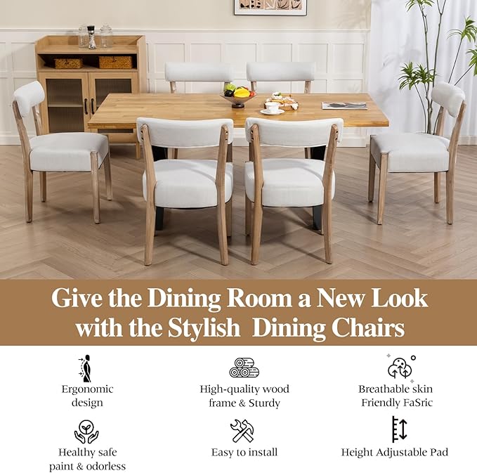 Dining Chairs,8 Pack Mid-Century Modern Wooden Kitchen Chairs with Linen Upholstery - Low-Back Woven Design for Kitchen & Dining Room,Beige Fabric