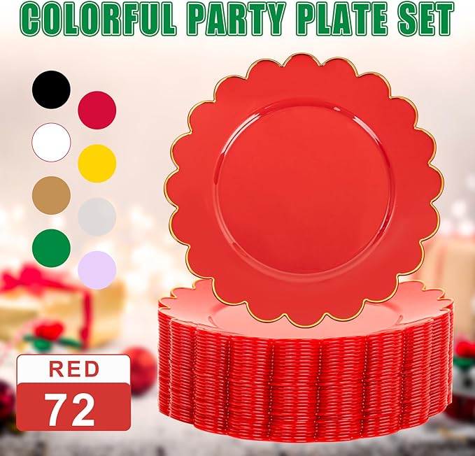 SUT 72Pcs Red Plastic Plates-7.5inch Dessert Plates with Gold Trim, Red Disposable Plates,Fancy plastic plate, Heavy Duty Plastic Plate for Wedding & Parties