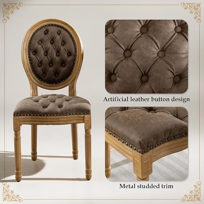 SoarFlash French Dining Chairs Set of 4, Vantage Dining Chair with Round Back, Farmhouse Country PU Leather Dining Chair for Kitchen,Bedroom,Brown