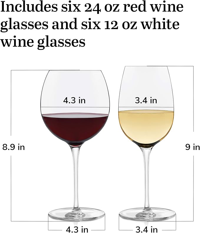 Libbey Signature Kentfield Red and White Wine Glasses Set of 12, Elegant, Dishwasher Safe Glass, Party Wine Glasses for Birthdays, Weddings, & More