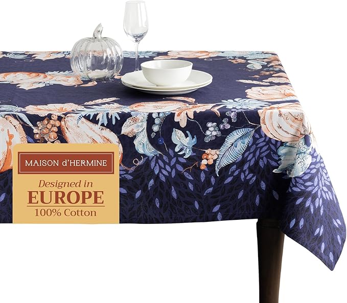 Maison d' Hermine Table Cloth Rectangle Table 100% Cotton 60 x 120 Inches Fall Tablecloth Reusable Everyday Use for Thanksgiving Christmas Decorations Dining Farmhouse Party (Pumpkin Blues)