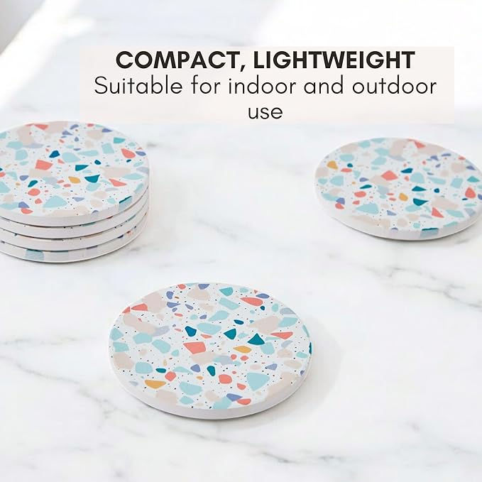 Terrazzo Coasters Set of 6, Ceramic Absorbent Drink Coasters, Cute Moisture Absorbing Coaster, Coffee Table Desk Decor, Colorful Stone Coaster for Drinks (Pastel)