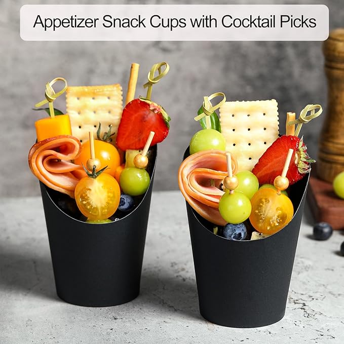 Disposable Charcuterie Cups 60 PCS with 200PCS Sticks and 60PCS Bags, 14 oz Kraft Paper Snack Boxes Appetizers Cup French Fry Holder with Cocktail Skewers Toothpicks Tooth Picks, Black