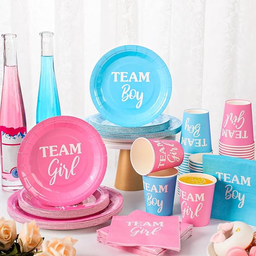 200 Pieces Party Supplies Tableware Set Patterns Printed Plates Napkins Cups Table Decorations for Baby Shower Birthday Party (Gender Reveal Style)