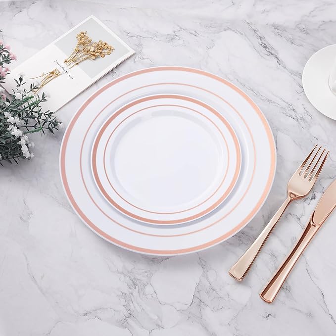 BESTVIP 200PCS Rose Gold Plastic Plate, Disposable Party Plates with 100 Dinner Plates and 100 Dessert Plates, Plastic Plates for Party, Wedding and Birthday