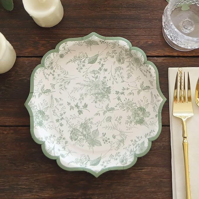 50 Pack 8" Sage Green Dessert Plates in French Toile Floral Pattern, Disposable Round Paper Appetizer Salad Plates 300 GSM for Party Decoration