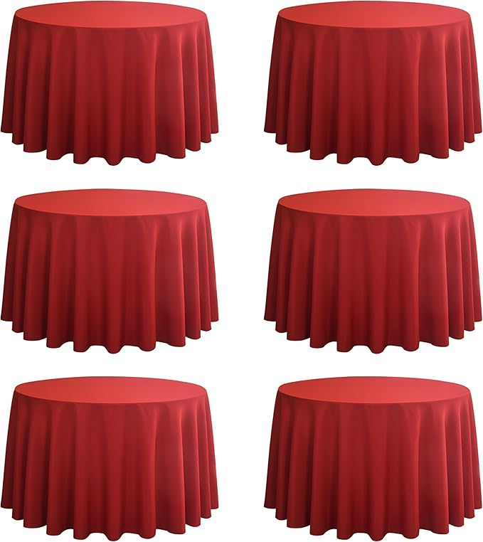 6-Pack Round 120-inch Red Table Cloths, Solid Stain and Wrinkle Resistant Circular Tablecloth, Premium Plain Weave Polyester Fabric Table Linen Covers for Hotel, Banquet