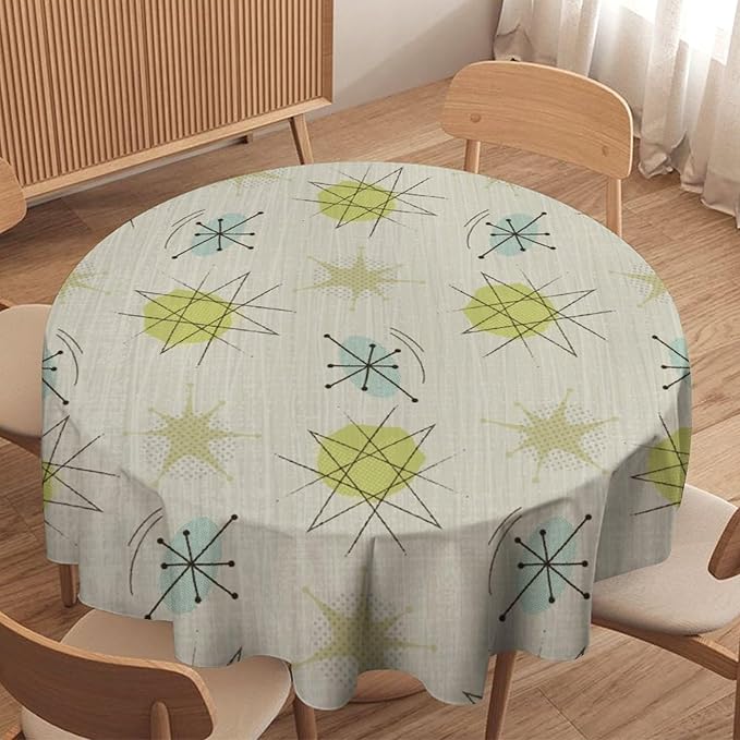 Mid Century Retro Round Tablecloth, Modern 1950s Style Abstract Geometric Vintage Print Tablecloth for Home Party Dining Room Kitchen Decor 50Inch(127cm)