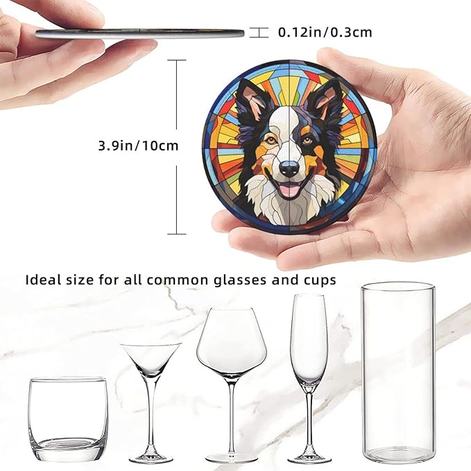 Drink Coaster Set of 6, Border Collie Dog Mom Lover Gift,Leather Drink Coasters with Holder,6 Pack Cup/Bar/Drink Coasters for Table/Drinks/Coffee Protection Housewarming Gift