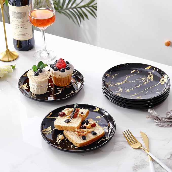 6-Piece Black Marble Ceramic Plates with Gold Rim, 8-Inch Dinner Plates Set, Oven & Microwave Safe, Dishwasher Safe, Elegant Appetizer, Salad, and Dessert Plates for Modern Dining