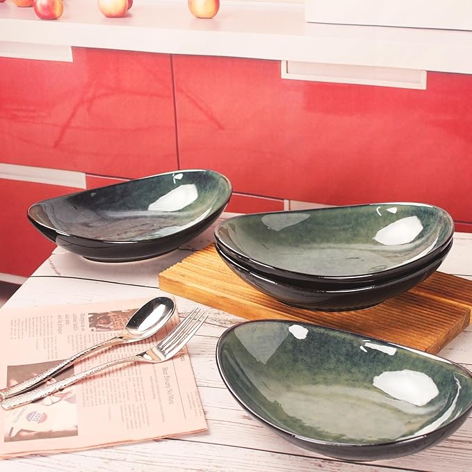 Ceramic Serving Platters Set of 4, 12.1 Inch Curved Oval Salad Plates for Entertaining, Modern Kitchen Dishes, Trays for Dinner, Fruit, Salad, Pasta, burgers - Dishwasher Microwave Safe