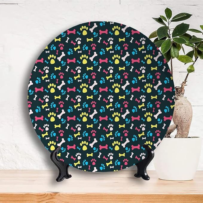 Ceramic Plates, Dog Lover Decorative Ceramic Plates, Cool Canine Elements Paw Marks and Bones, 7 Inch, Household Plates Decorative, Multicolor