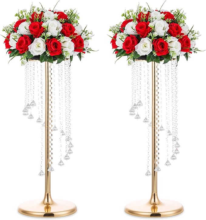 Nuptio 2 Pcs 27.6inch Tall Wedding Centerpieces Gold Vases Crystal Flower Vase Metal Flowers Stand for Party Tables Decorations - Elegant Bulk Weddings Decoration Table Chandelier Centerpiece Stands