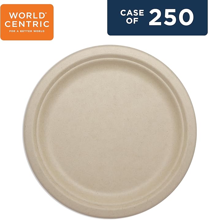 World Centric Compostable Round Paper Plates, 9" (Pack of 250), Made from Unbleached Plant Fiber, Sustainable, Heavy Duty, Grease Resistant, Microwave & Freezer Safe, PFAS Free