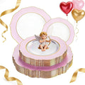 WDF 60Pcs Pink Plates Disposable with Gold Rim - Baroque Clear Pink and Gold Plastic Party Plates Ideal for Wedding, Valentine's Day