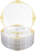 Nervure 100PCS Clear and Gold Plastic Plates - 10.25Inch Gold Disposable Plates - Heavyweight Dinner Plate for Wedding & Party