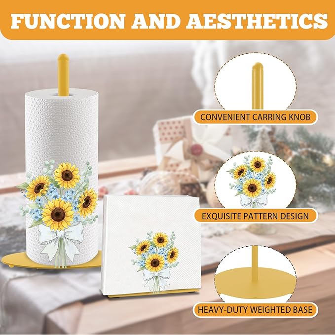 Sunflower Paper Towel Holder, Yellow Countertop Kitchen Decor Indoor with Round Base, Sunflower Lover Gift, Iron Sunflowers Napkin Holder Stand Accessories for Rustic Farmhouse Bathroom Kitchen, 2 PCS