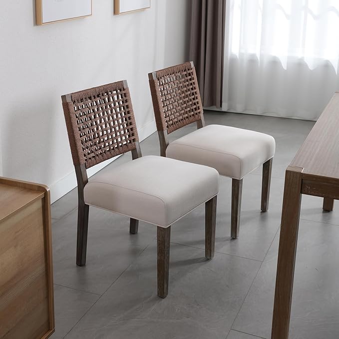 Farmhouse Dining Chairs Set of 4 Linen Fabric Upholstered Accent Side Chair, Mid Century Modern Kitchen & Dining Room Chairs with Woven Rope Back for Home, Living Room, Bedroom - Beige