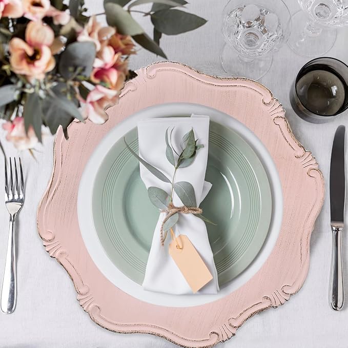 Pink Charger Plates Set of 6, Decorative Table Plastic Chargers for Dinner Plates, Party, Wedding, Thanksgiving, Christmas, 22P