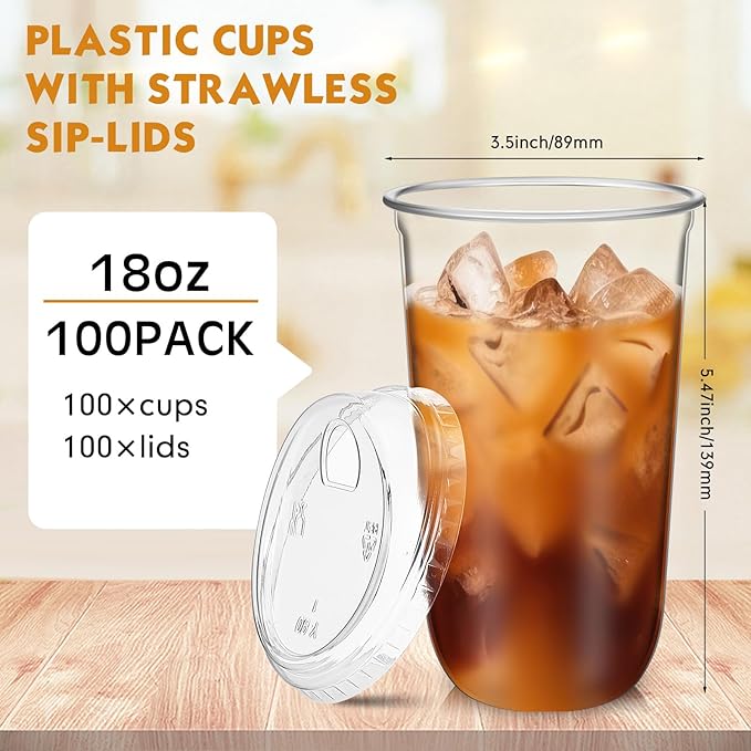 Baderke 100 Pcs Plastic Cups with Sip Lids Round Bottom Disposable Plastic Coffee Cups with Lids Clear Strawless Crystal Mugs for Iced Coffee Smoothie Cold Beverage Party Catering Supplies (18 oz)