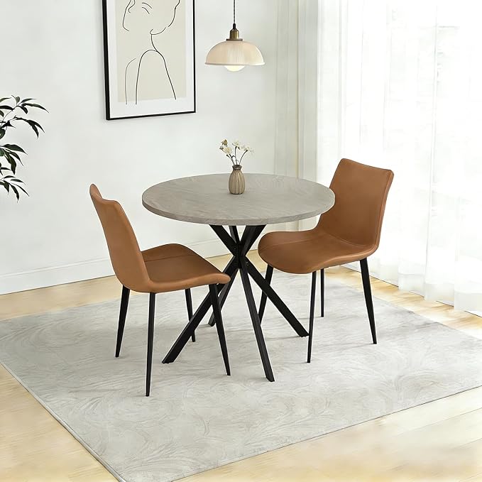 31.5" Round Dining Table and Chairs Set for 2, Small Dining Table Chairs Set Space-Saving, Small Dinette Sets for 2 for Kitchen Dining Room Apartment(Gray Table +Brown Chairs)