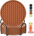 Coasters for Drinks 6 Pack Drinking Plastic Coaster with Holder,Heat Resistant Silicone Cup Mat Tabletop Protection,Non-Slip Rubber Coasters for Kinds of Cups (Brown)