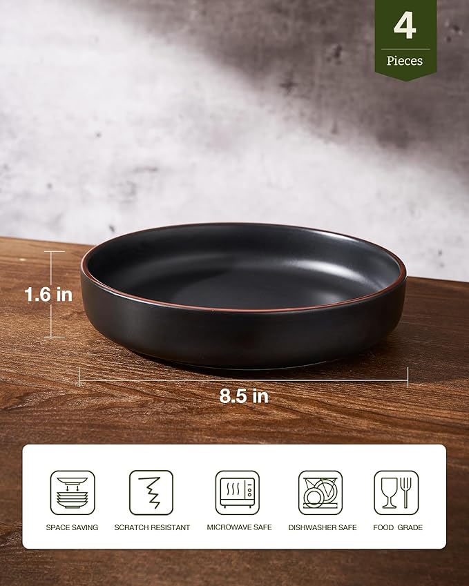 famiware Mercury Pasta Bowls Set of 4, 33 oz Large Salad Bowls, Ceramic Pasta Plates Bowls, Serving Bowls for Kitchen, Microwave & Dishwasher Safe, Black