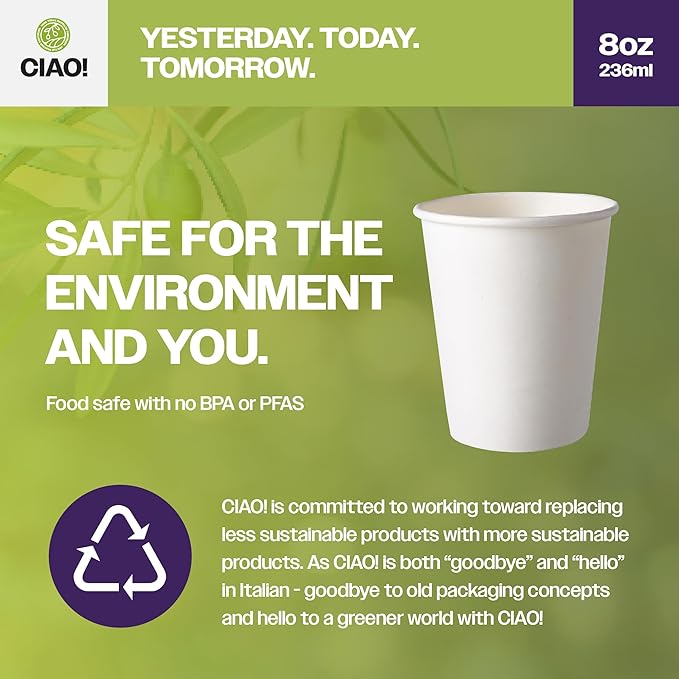CIAO! 8oz White Paper Hot Cup, Disposable, 80mm Diameter 500 Count