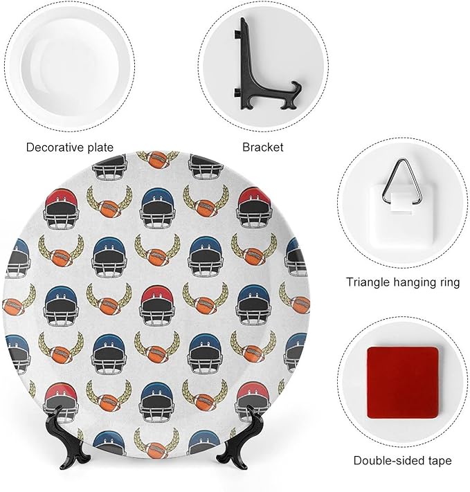 Ceramic Plates, American Football Decorative Ceramic Plates, Rugby Championship Professional League Fun Game, 8 Inch, for Dining, Parties, Wedding, Multicolor