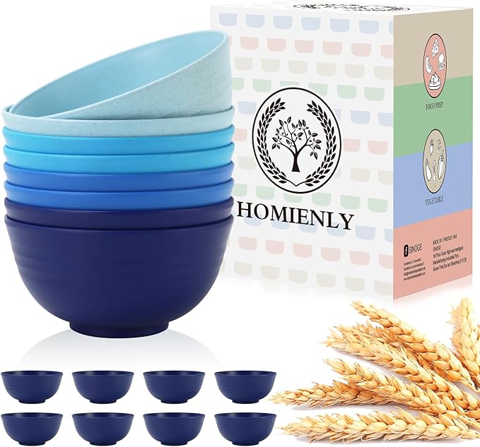 Homienly Wheat Straw Bowls, 8 PCS Microwave Safe Bowl Unbreakable for Salad, Soup, Cereal, Oatmeal, Reusable Plastic Bowls for Kithen, Family, Camping, Party, Dishwasher Safe, 26 OZ (Gradient Blue)