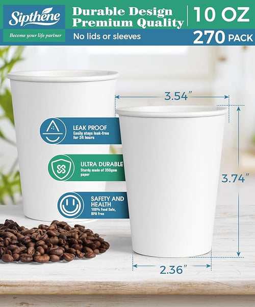 270 Pack 10 oz Disposable Paper Coffee Cups, White Paper Cups for Coffee and Water, Hot Drinking Cups for Party, Home, and Office