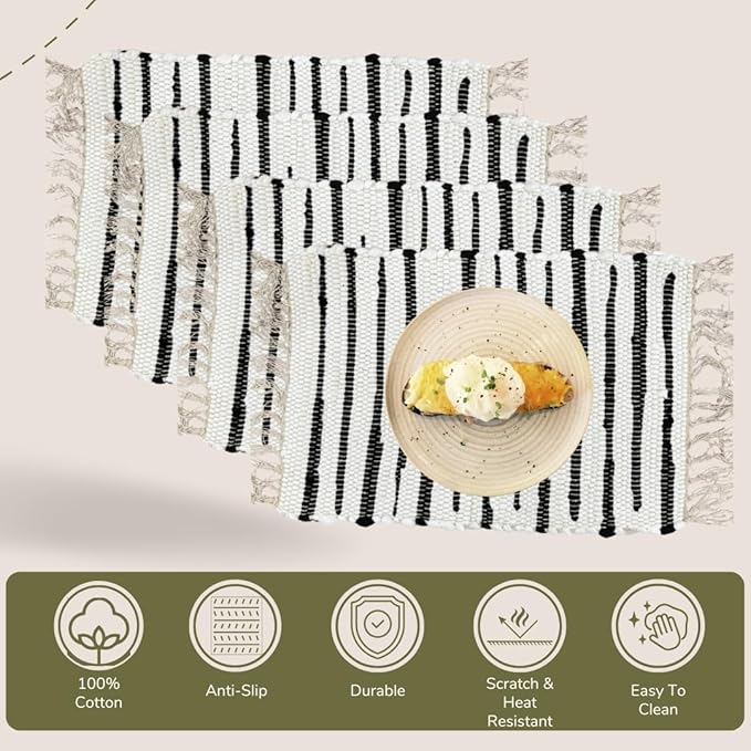 Perilla Home Placemat Set of 4 - Cotton Linen Blend Square Placemats - Farmhouse Rustic Woven Bohemian Machine Washable Table Mats with Tassels for Dining Table Decor (Black & White)