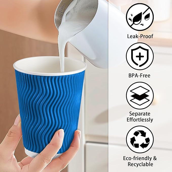Lamosi 500 Count 8 oz Insulated Coffee Cups Bulk, Disposable Paper Cups No Lids 8oz, Corrugated Ripple Wall Design for Hot Beverage (Navy)